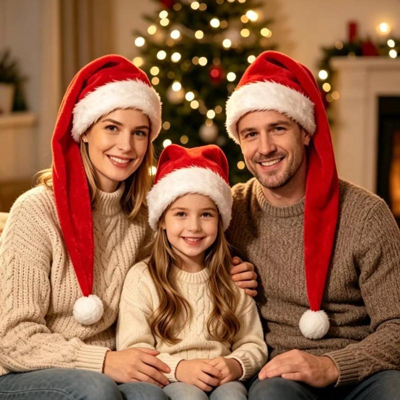 Red Santa Hat with Extended Drooping Shape, Smooth Short-Pile Fabric and White Trim for Holiday Gatherings and Costumes