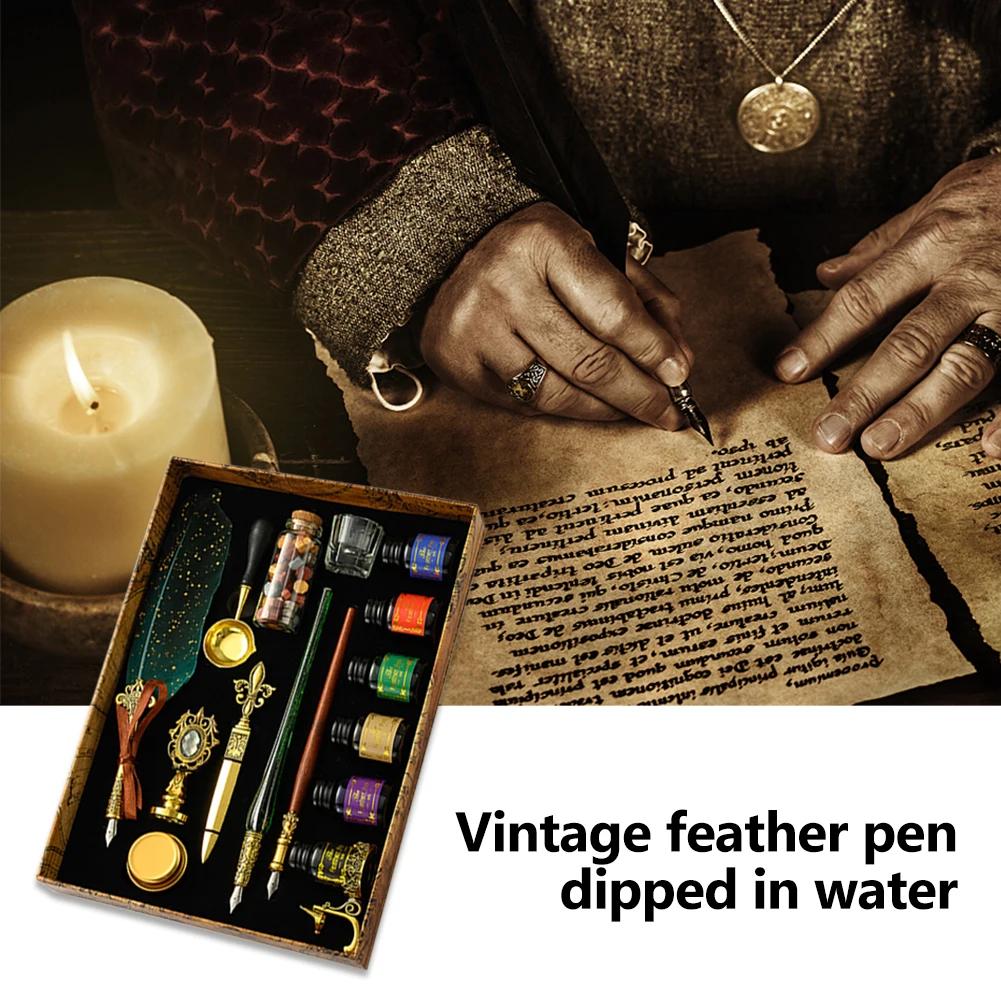 Antique Feather Dip Pen Ink Set Wax Sealing Stamp Kit Calligraphy Pen Letter Writer Pen Handwriting Feather Pen Wax Seal Stamp