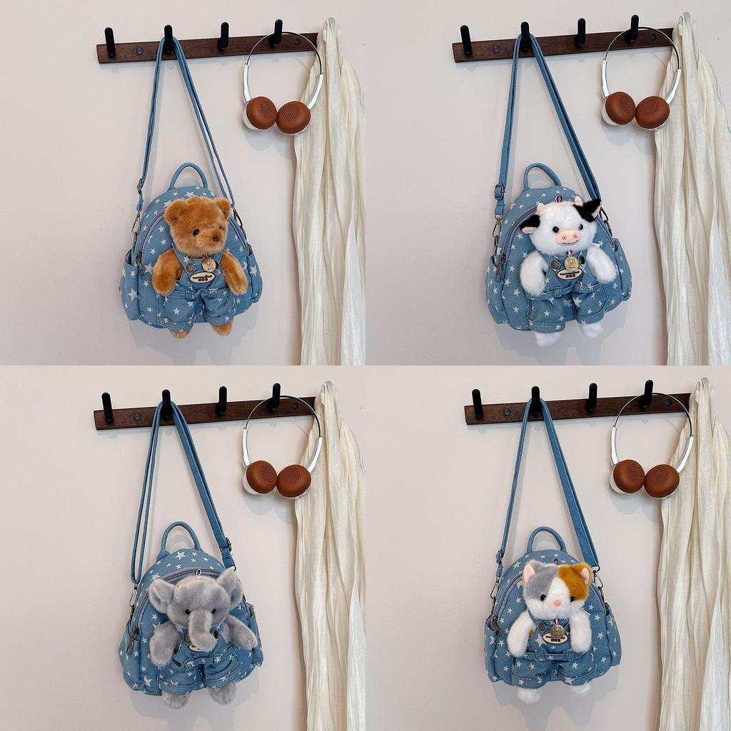 Cartoon Double Shoulder Backpack For Girls Kids Travel Lightweight Denim School Bag With Zipper Closure