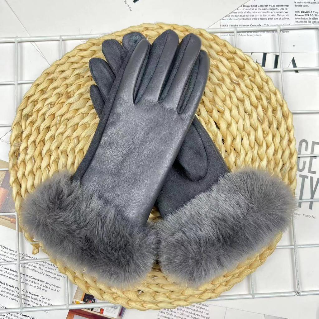 Gloves Pu Leather Deerskin Velvet Splicing Can Touch Screen Windproof Velvet Thickened Outdoor Riding Driving Leather Gloves Women