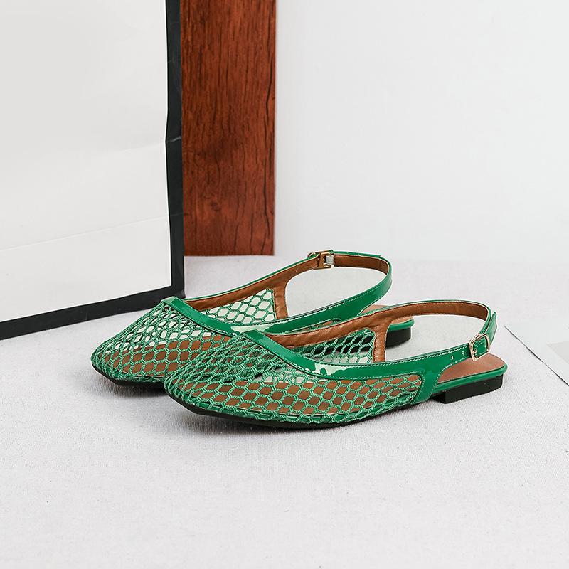 Mesh Slingback Flats for Women Summer Square Closed Toe Flats Slingback Sandals Women's Dress Shoes Adjustable Buckle Sandals Slip On Fishnet Mules