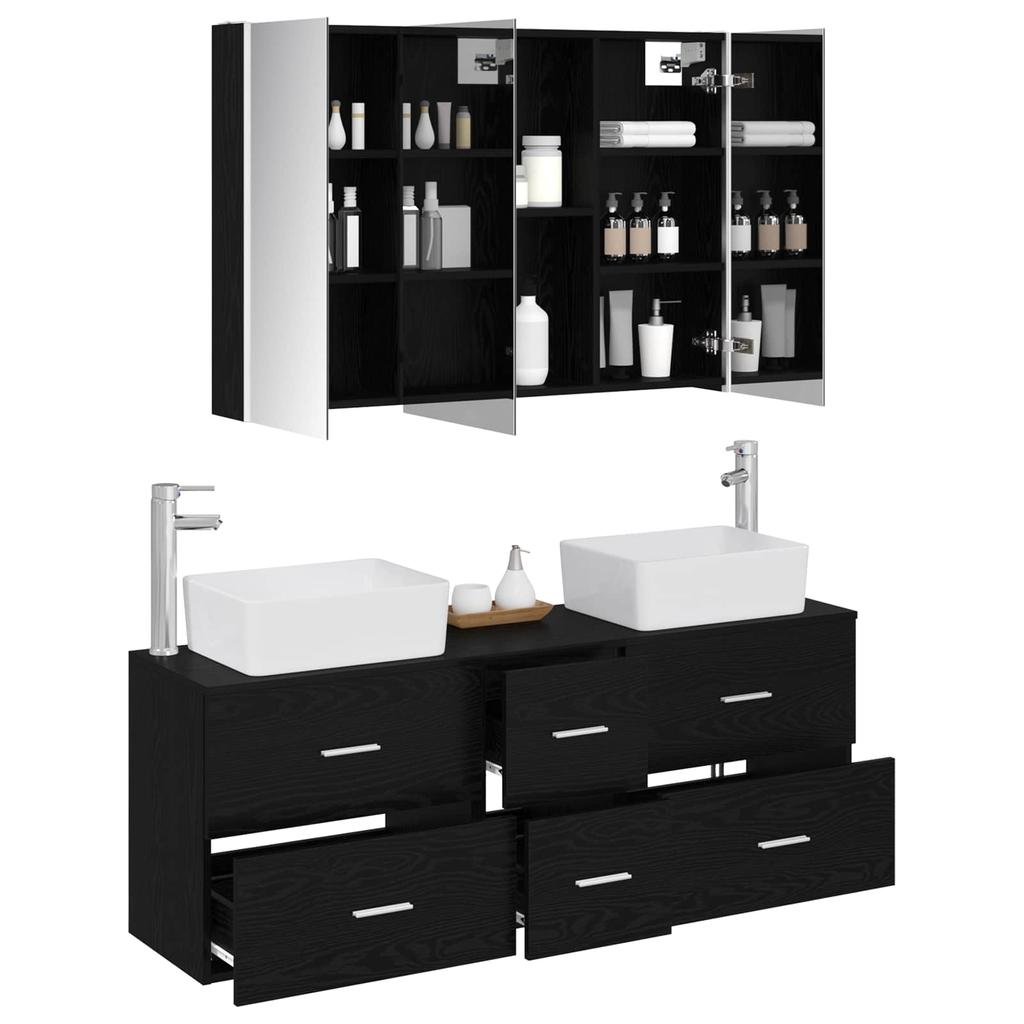 Bathroom Furniture Set 4 pcs Black Oak Engineered Wood and Glass