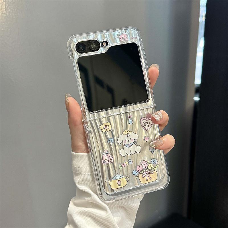 Korean Cute Cat Puppy Phone Case For Samsung Galaxy Z Flip 6 5 4 3 Cover with Chain Stand Holder Kawaii Cartoon Hard Cases Flip6