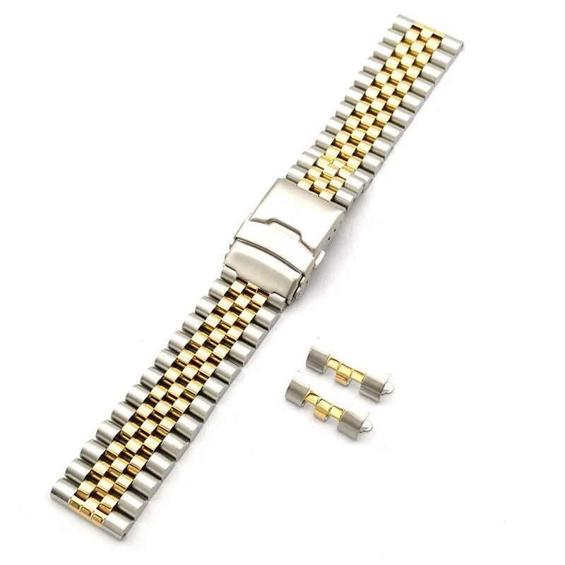 304 Solid Stainless Steel Strap 20mm 22mm Folding Buckle Curved End Men Women 5 Pointer Gold Metal Watch Band Accessories