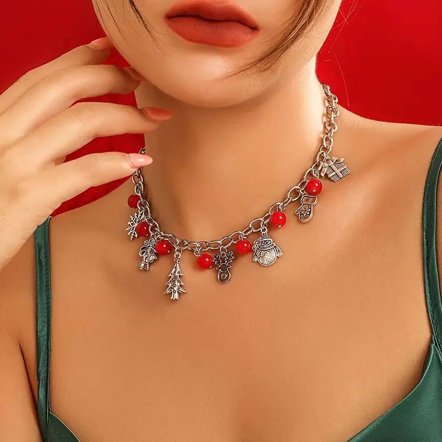 Salircon New Trendy Christmas Series Charm Necklace Women Metal Santa Claus Elk Snowman Bell Pendant Choker Neck Jewelry Gift