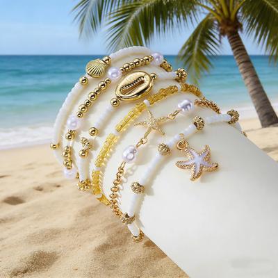 6Pcs Women Bracelet Natural Imitation Pearls Rice Beads Starfish Shell Conch Design Holiday Beach Style Bracelet