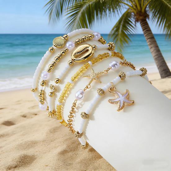 6Pcs Women Bracelet Natural Imitation Pearls Rice Beads Starfish Shell Conch Design Holiday Beach Style Bracelet