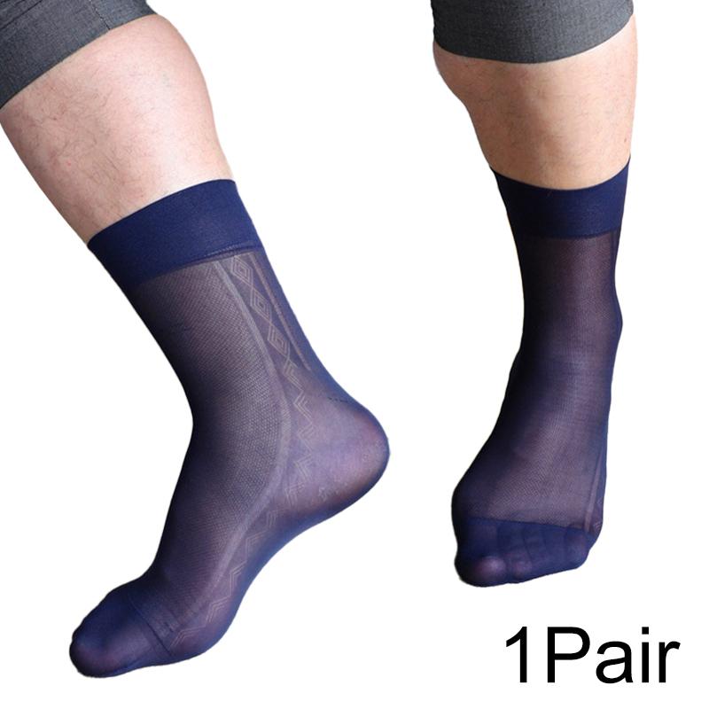 

1 пара однотонных дышащих носков для деловой одежды, прозрачные шелковые носки, ультратонкие, стильные, сексуальные мужские носки для платья из нейлона темно-синий