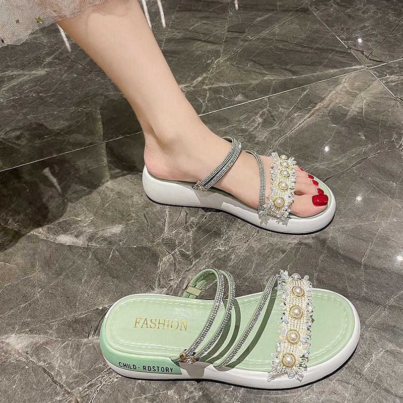 

With skirt, two slippers for women, and 2024 summer new Korean version muffin thick-soled one-word bow sandals for women 35 зелёный