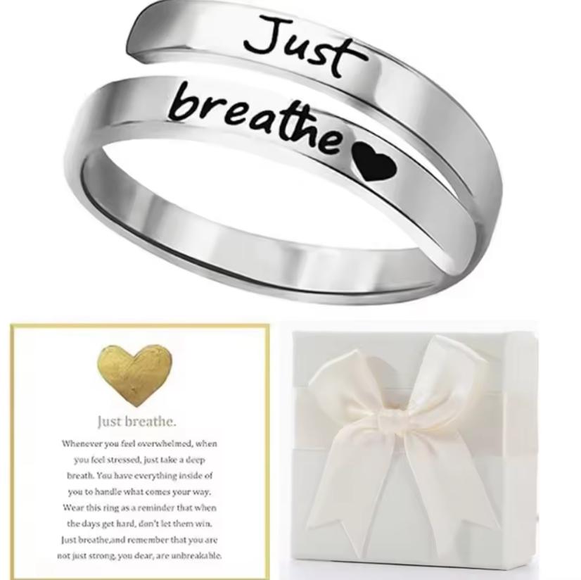 Just Breathe Ring for Women Men, Stainless Steel Spiral Wrap Healing Rings, Inspirational Gifts with Message Card Box adjustable