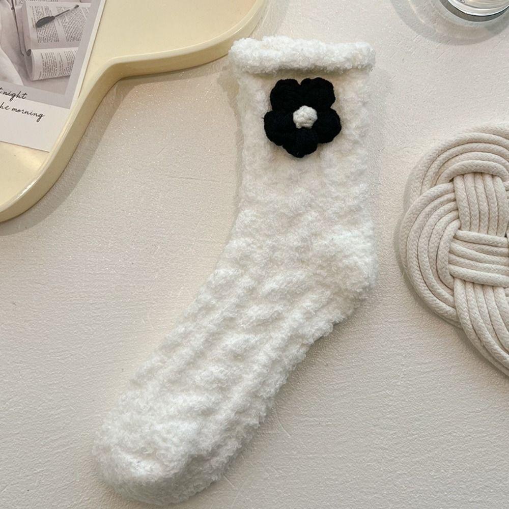 3Pairs Plush Bow Fleece Socks Solid Color Sleeping Socks Women Fashion Coral Fleece Socks  Girls