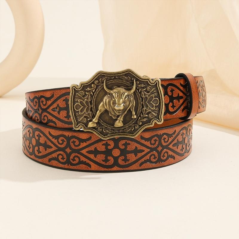 Vintage Men Teens Relief Bull Head Waist Belt PU Embossed Pattern Cowboy Belt