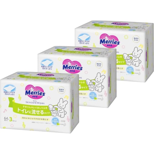 

Merries Flushable Baby Wipes, Sururin Kirei Refill (64 wipes x 3) x 3-pack set