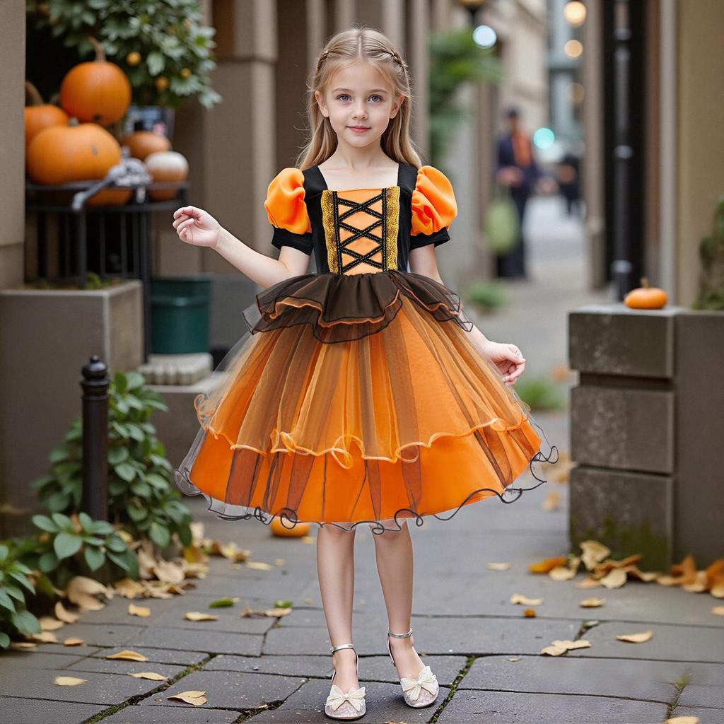 Rochie de Vrăjitoare de Halloween pentru Fete cu Fustă Portocalie din Plasă Tip Tufă