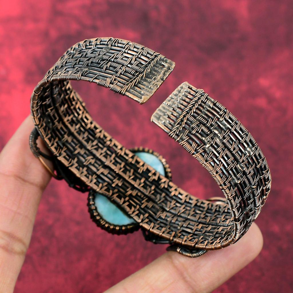 Larimar Bangle Copper Wire Wrapped Cuff Bracelet Adjustable Bangle Rainbow Moonstone Gemstone Cuff Anniversary Gifts Handmade Copper Jewelry