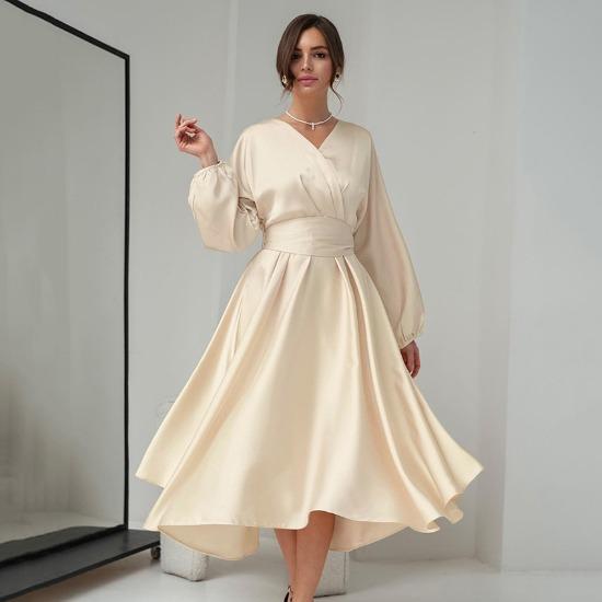 

2023 Осень Новое атласное длинное платье с объемными рукавами и тонким однотонным темпераментом