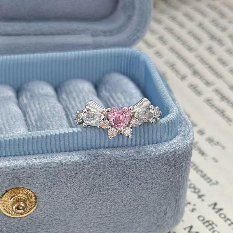 Sweet Crit Pink Zircon Love Open Ring Light Luxury High-End Niche Design Stacked Ring Woman