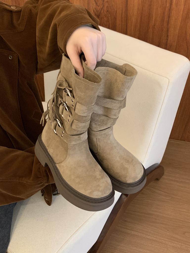 Leather Version Wasteland Wind Leather Desert Western Boots Women's New Stacking Boots Design Tall Boots Versatile Knight