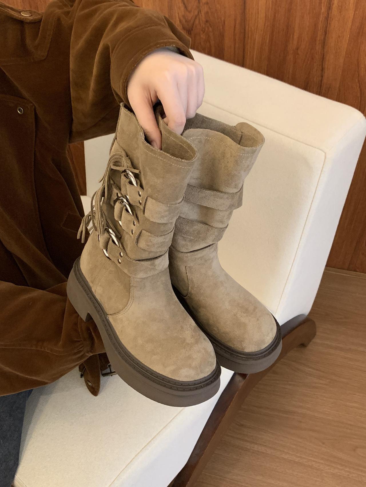 

Leather version Wasteland wind leather desert western boots women s new stacking boots design tall boots versatile knight 40