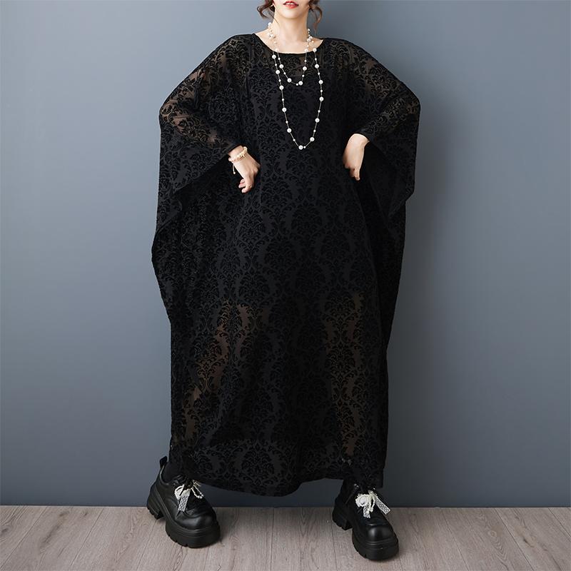 DIMANAF New 2026 Summer Women Plus Size Vintage Elegant Lady Long Dress Black Floral Jacquard Lace Loose Oversize Maxi Clothing