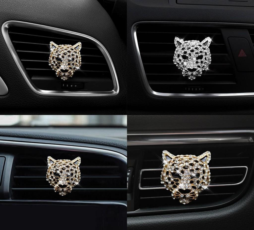 Nuovo Fermaglio Profumo Aromaterapia per Bocchetta Aria Auto con Testa di Leopardo e Diamanti Decorazione Personalizzata per Interni Auto