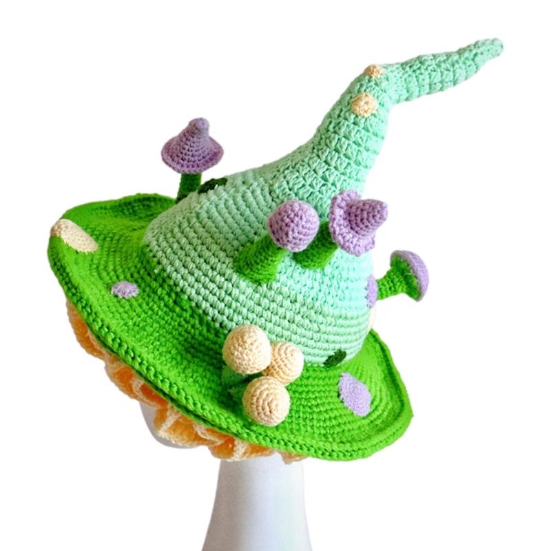 Halloween Knitted Fairy Hat with Mushroom Decor Wizard Hat Men Women Party Headgear Cosplay Hat Festivals Party Props