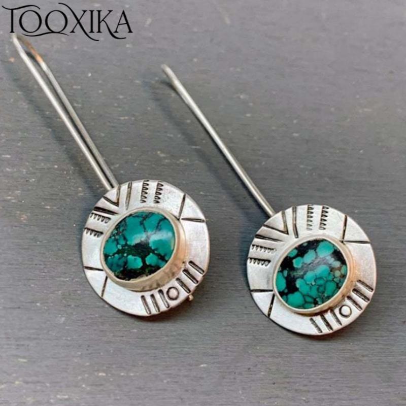 

Tooxika Turquoise Stamped Vintage Earrings Minimalist Southwestern Dangle Threaded Earrings