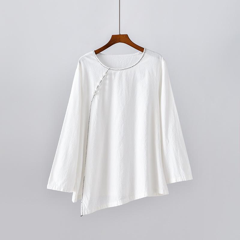 Spring 2026 Women s Artistic Retro Cotton Linen Long Sleeve Top with Handmade Frog Button One Size