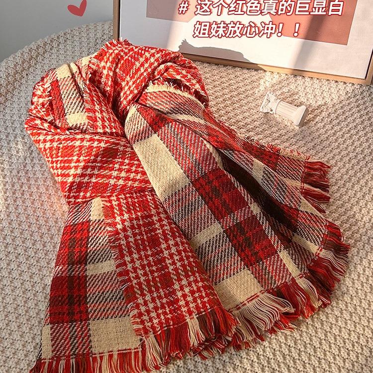 Red Plaid Scarf Women's Winter Chinese New Year Warm Couple Christmas Gift Plaid
