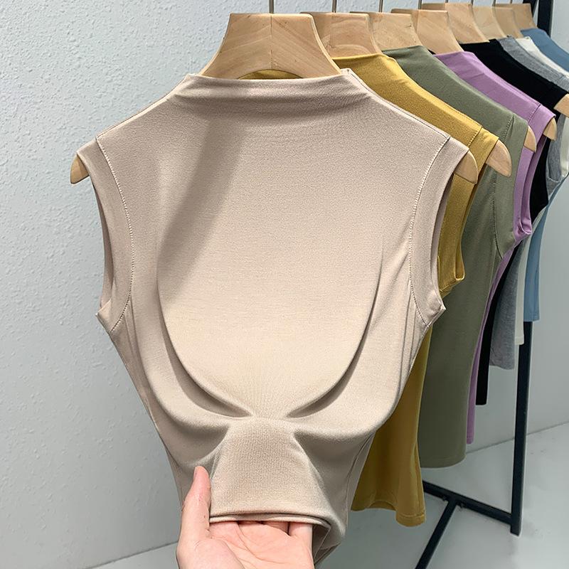 

Модальная майка женская 2025 лето новый стиль полувысокий воротник тонкая базовая рубашка темперамент жилет топ 3XL хаки