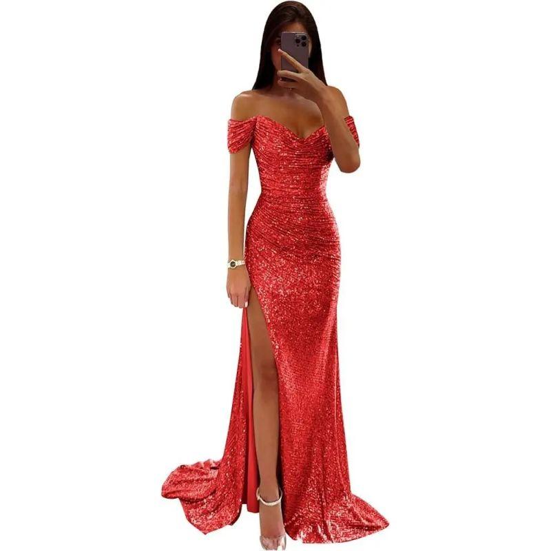 

European and American Evening dress Party Sequins off-Neck Split Dress Evening Gown Party Glitter Red M