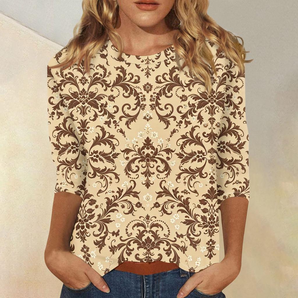 Women's Casual Three Quarter Sleeve Floral Print Crew Neck Top Relaxed Fit Lightweight Comfortable Blouse for Everyday Wear