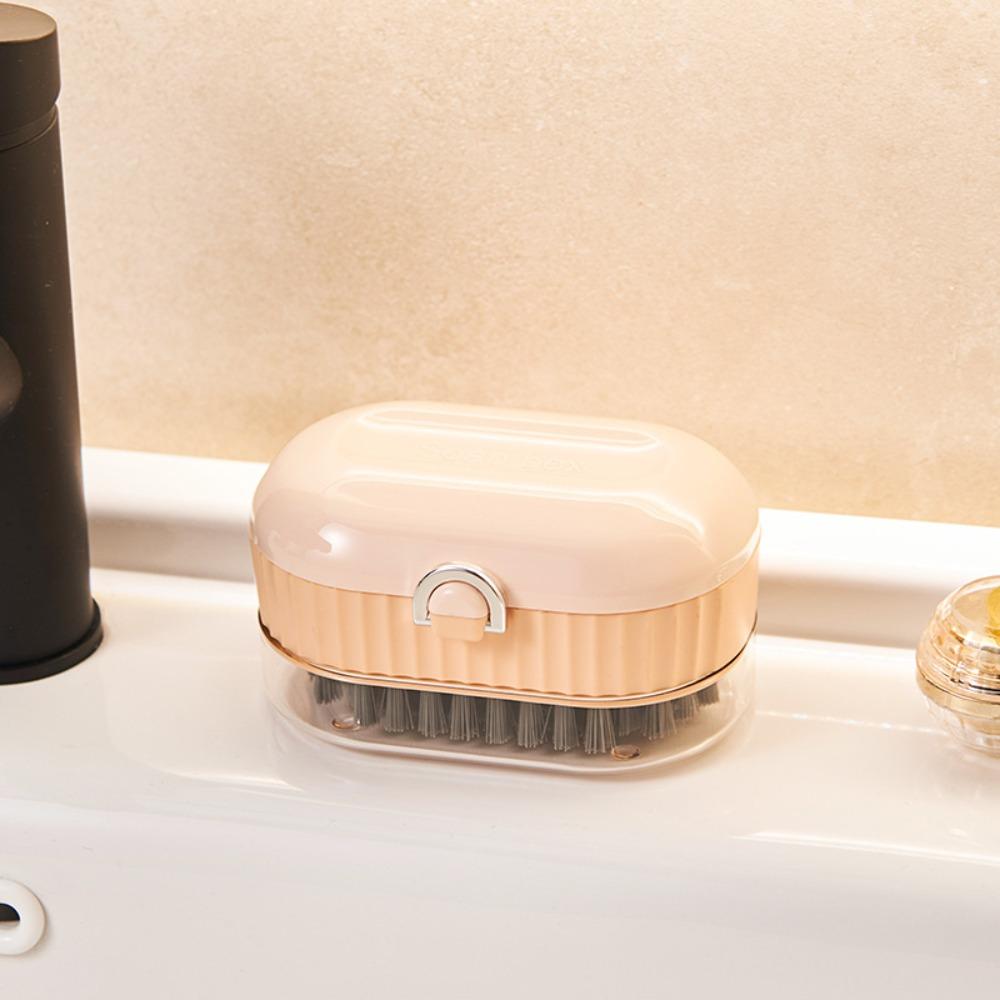 Plastic Soap Dish Holder with Roller Brush Drainable Soap Box Multi-functional Cleaning Brush Bathroom Kitchen Sink Organizer