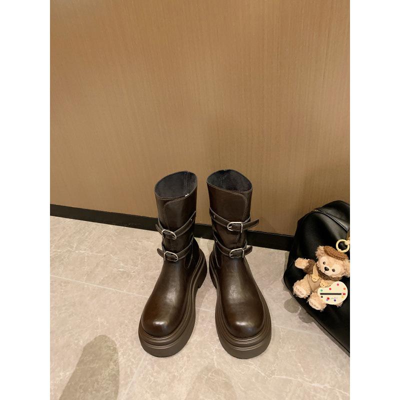 

Fashionable belt buckle round head thick-soled versatile short boots knight boots women s autumn and winter 40