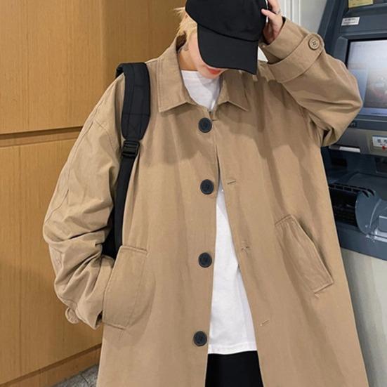 Men Windbreaker Coat Lapel Long Sleeve Buttons Placket Trench Coat with Pockets Solid Color Loose Fit Mid-length Outwear