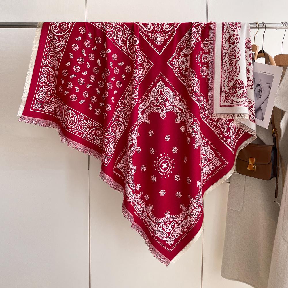 Winter new imitation cashmere scarf high-end women's warm square scarf red cashew jacquard cape shawl