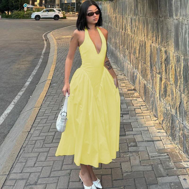 

Shemoda Мода Стиль для отпуска Сексуальное платье с глубоким V-образным вырезом, халтер, на тонких бретелях, женское, с высокой талией, прилегающее, с широким подолом, длинная юбка Yellow S