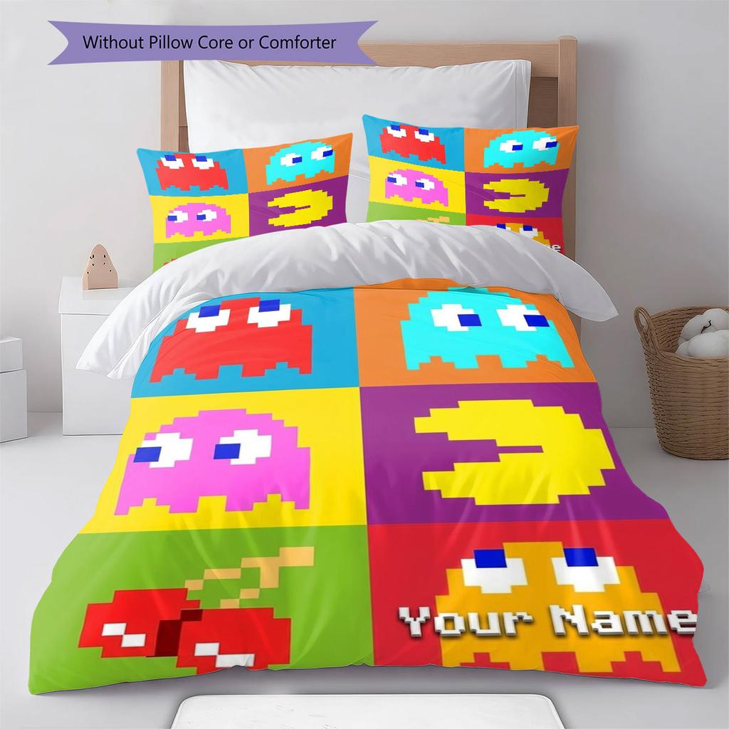 Pac-Man Custom Name Pattern Bedding,Quilt Set Quilt Cover Pillowcase Home Birthday Gift(1 * Duvet Cover + 2 * Pillowcase, Without Core)