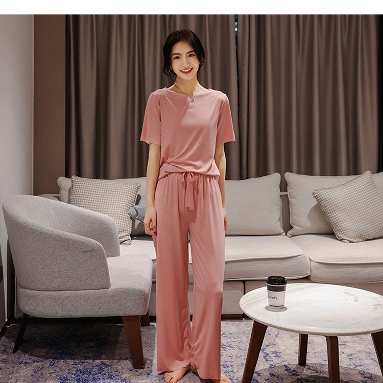 Summer Ladies Pajamas Loungewear Set Summer Thin Solid Color Loungewear Short Sleeves Elasticated Waist Trousers Lazy Pajamas