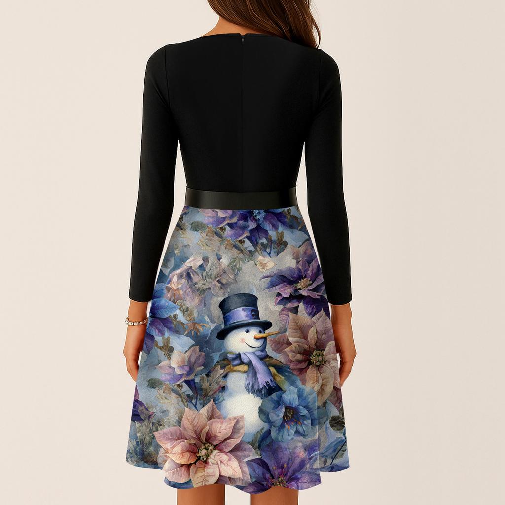Dame Casual Mote Rund Hals Langermet Juleprintet Selskap Vintage Lange Kjoler