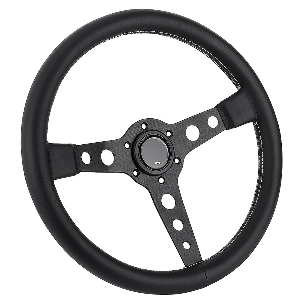 350mm 14in for MOMO Prototipo Style 6‑Bolt Black Leather Racing Steering Wheel Gray Stitching with Horn Button