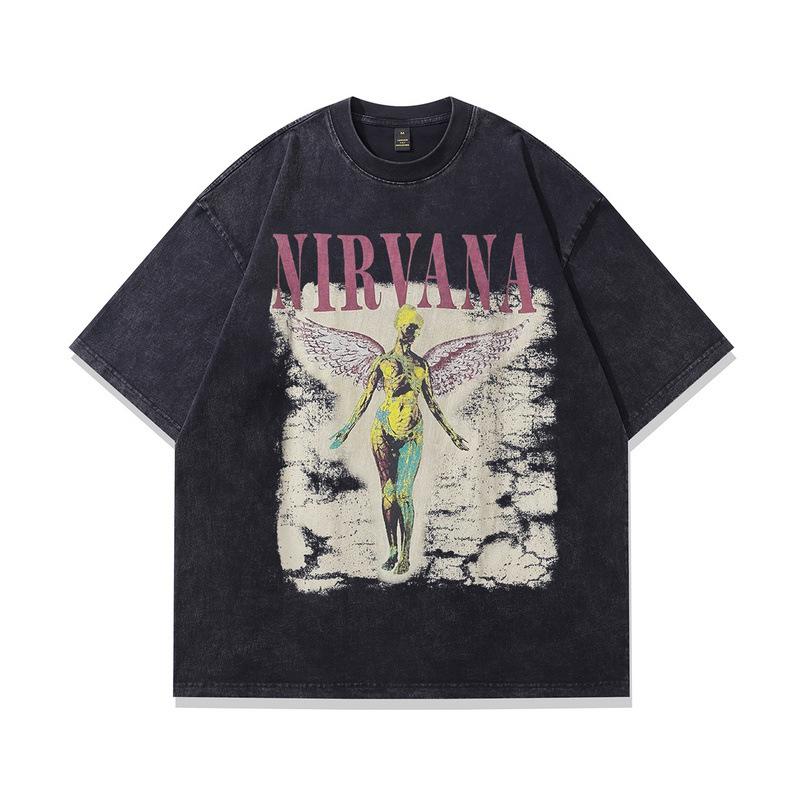 European And American High Street Washed Half-Sleeved T-Shirt Vintage Nirvana Band Printed Vintage Short-Sleeved T-Shirt Men