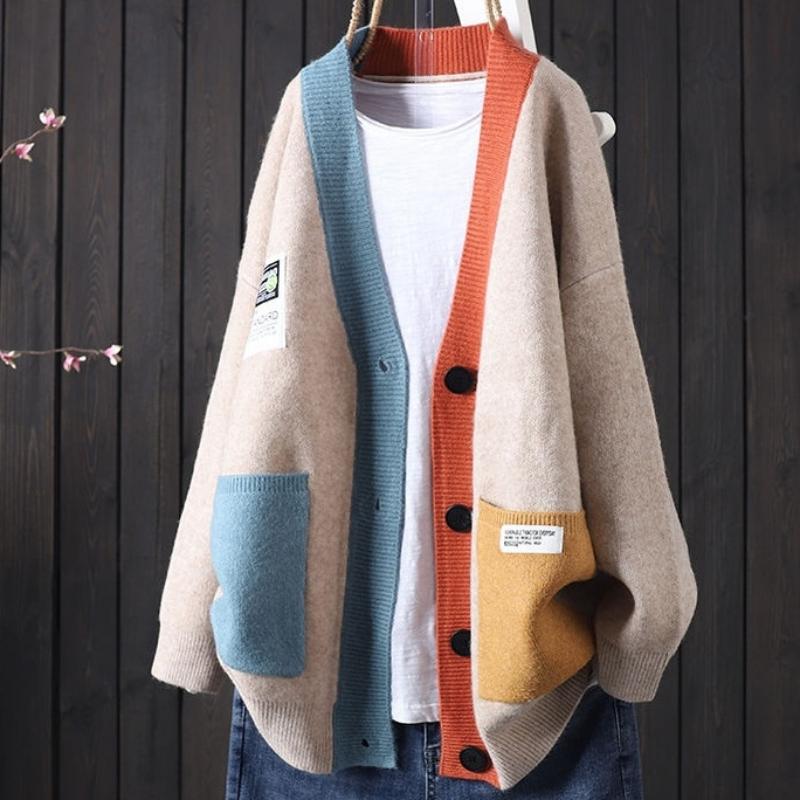 Women Sweaters V Neck Long Sleeved Cardigan Jumpers Knit Patchwork Loose Sweater Thick Spliced Elegant Outwear Pockets