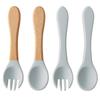Color Kids 4PCS Silicone Baby Feeding Spoon Fork Set BPA Free Wood Handle Training Utensils For Infants Newborn Accessories
