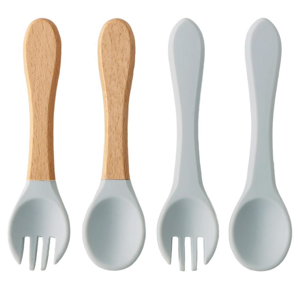Color Kids 4PCS Silicone Baby Feeding Spoon Fork Set BPA Free Wood Handle Training Utensils For Infants Newborn Accessories