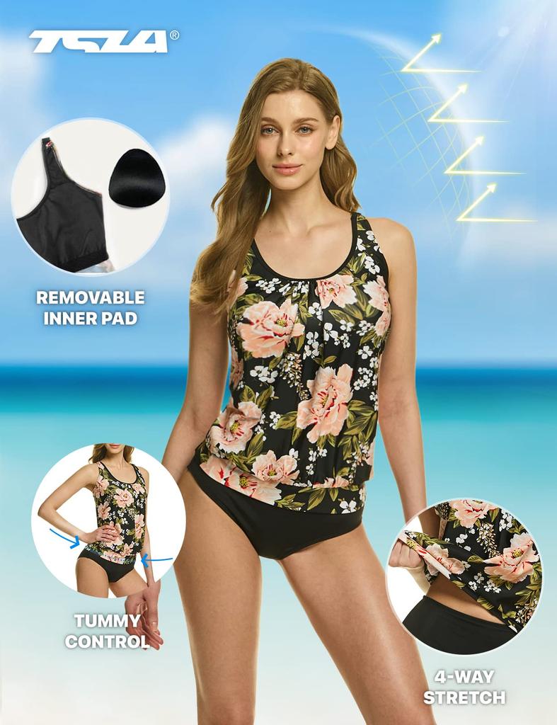 Tankini Swimsuit for Summer UV Padded Top and Bottom Marine Hot Body Large [Tesla] Women's [Stretchy, Quick-Drying, Protection] Set, Separate, Beach,