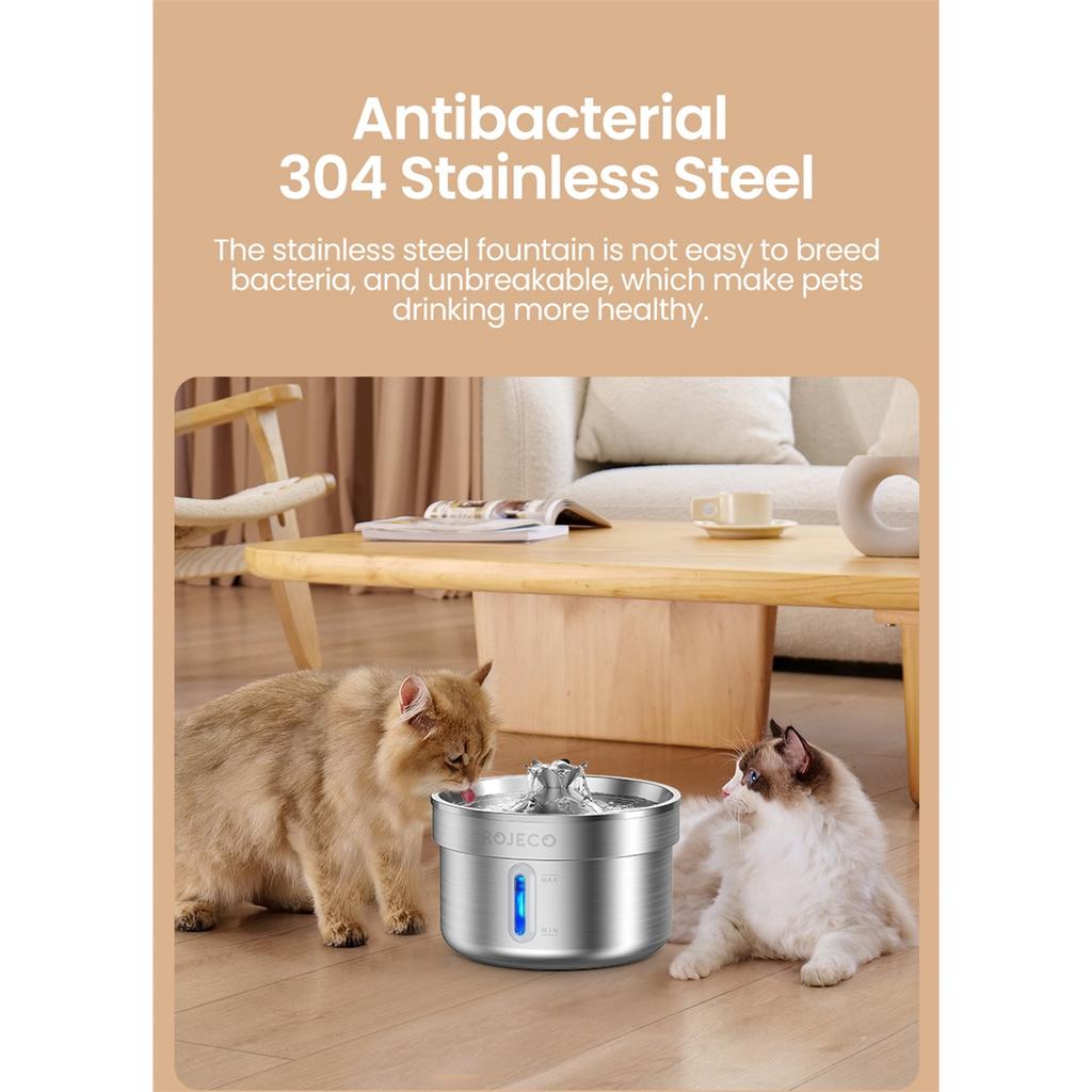 ROJECO Stainless Steel Pet Drinking Fountain Auto Cat Water Fountain Smart Pet Water Dispenser with Pump for Dog Cat Drink Bowl