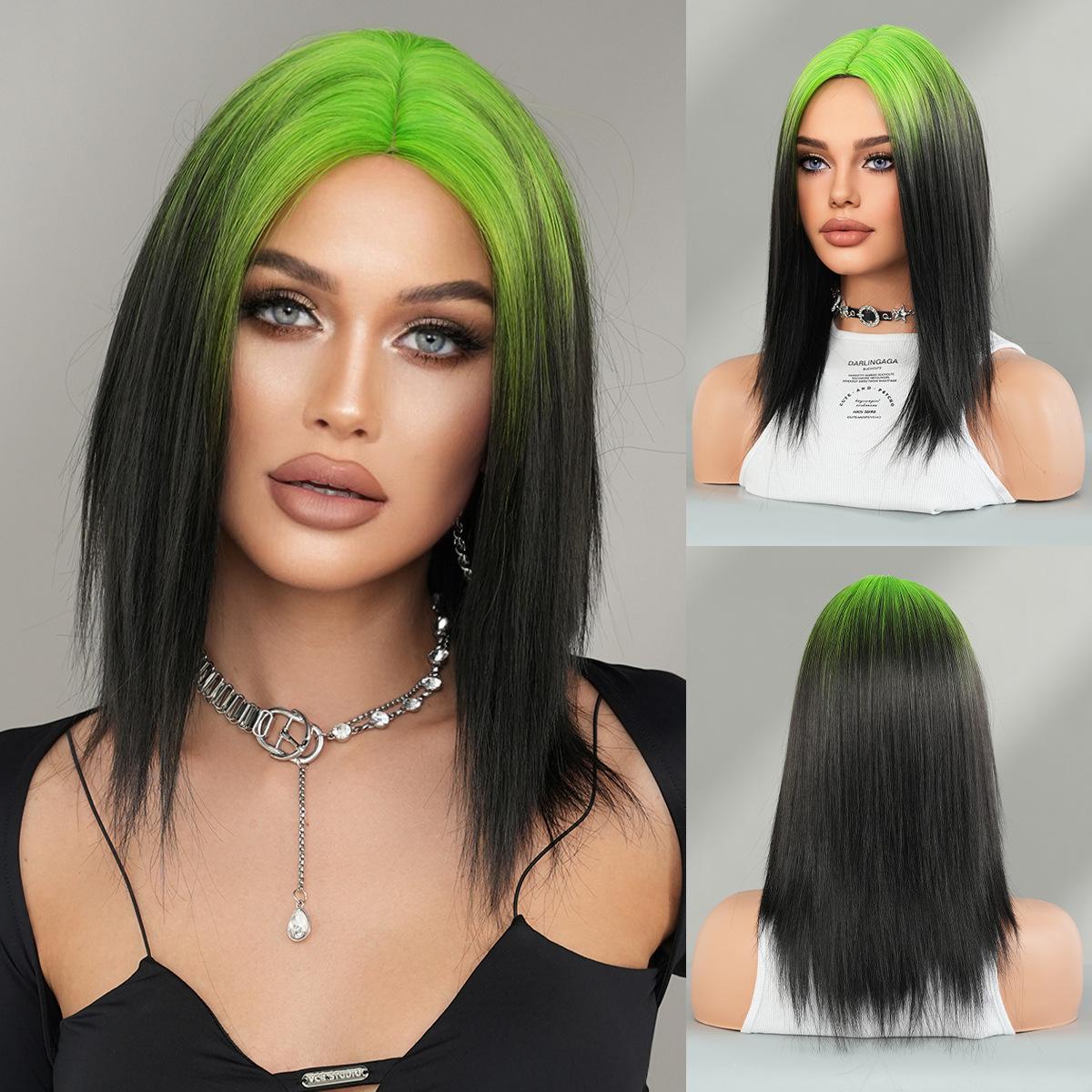 

Аниме стиль, мелирование у корней, парик до плеч для женщин - красный градиент, черный прямой волос, парик-шапочка, косплей, машинная работа 18.89 inch зелёный