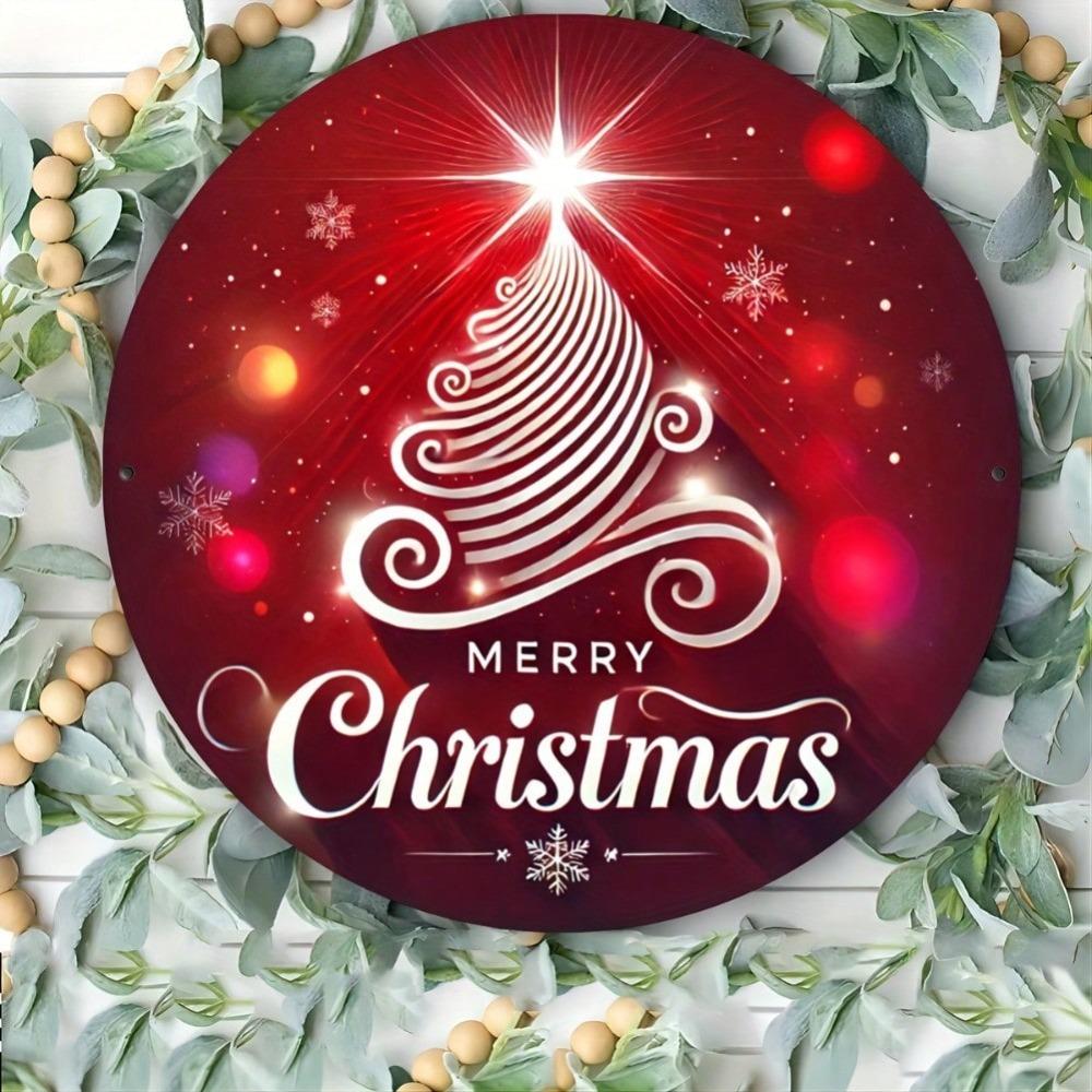 Christmas Round Metal Tin Sign Vintage Wreath Wall Art Holiday Decoration Gift 8 Inch
