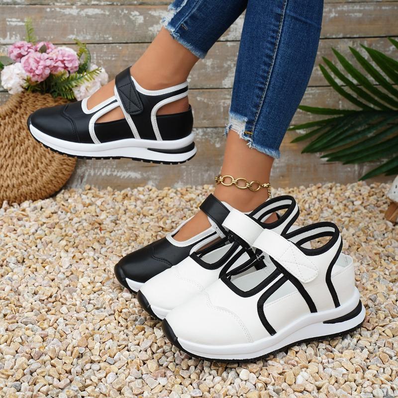 Women's Thick-Soled Velcro-Strap Color-Blocked Round-Toe Flat Casual Slip-On Shoes, Versatile European Style.